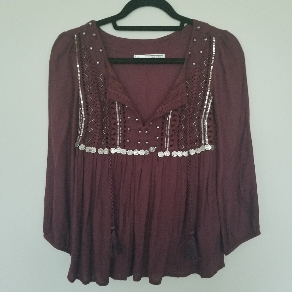 Abercrombie & Fitch burgandy boho tie blouse XS